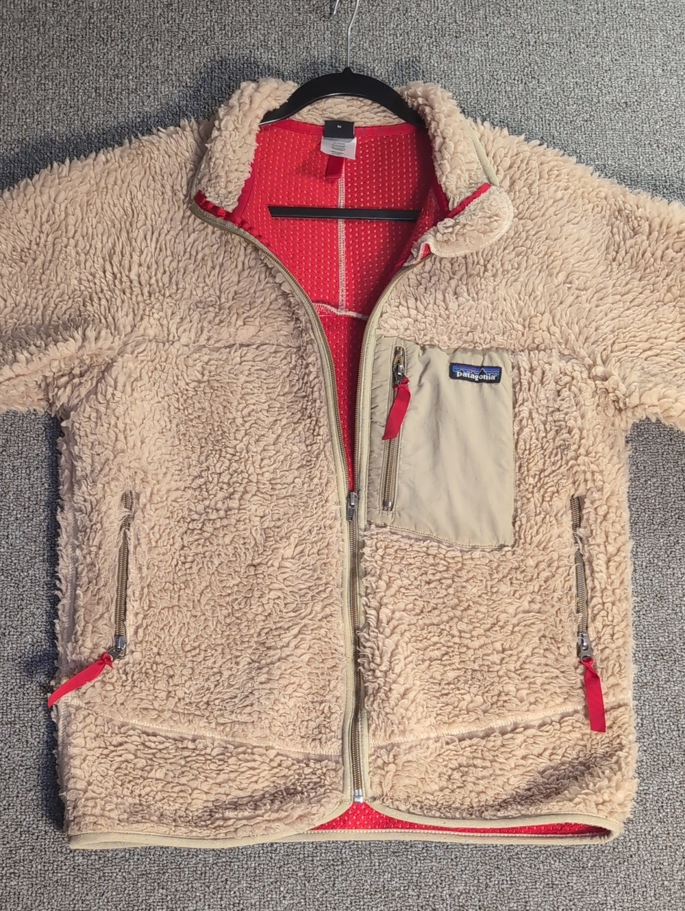 Patagonia Retro-X Deep Pile Sherpa Fleece Jacket In Oatmeal/Red Size 14/XL - Picture 4 of 12